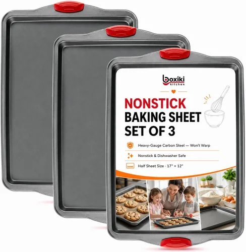 Vista 8 de Boxiki Kitchen - Bandeja para hornear antiadherente – Acero al carbono de calibre pesado, resistente a deformaciones, abolladuras y óxido – Bandejas