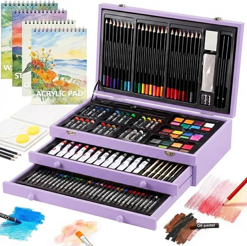 Vista 9 de Juego de arte de lujo de 194 piezas, suministros de pintura y dibujo con 4 blocs de dibujo, pinturas acrílicas, crayones, set de lápices