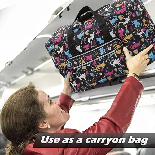 Vista 6 de Bolsa de viaje plegable grande para mujeres y niñas, bolso lindo floral, bolso de hombro semanal, para pasar la noche, bolsa de equipaje a cuadros