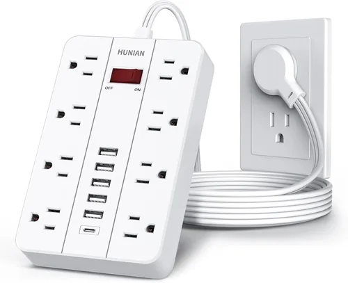 Vista 9 de Tira de alimentación con puertos USB, cable de extensión HUNIAN de 5 pies con enchufe plano y 8 tomas, cargador de 6 USB (1 puerto USB C), protector