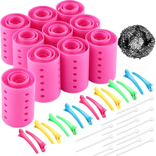 Vista 16 de WILLBOND El juego de 141 rodillos para el cabello incluye rodillos de plástico con alfileres y clips (azul bebé)