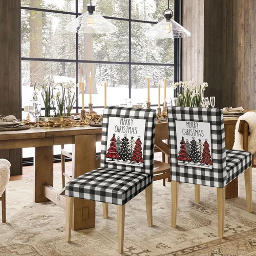 Vista 4 de Horaldaily 4 fundas para sillas de comedor de Navidad, diseño de árboles de búfalo negro, elástico, extraíble, lavable, protector de silla