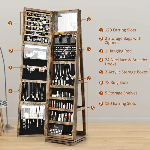 Vista 4 de AUGESTER - Armario organizador de joyas con rotación de 360, armario de joyería de pared con cerradura con espejo de longitud completa, armario