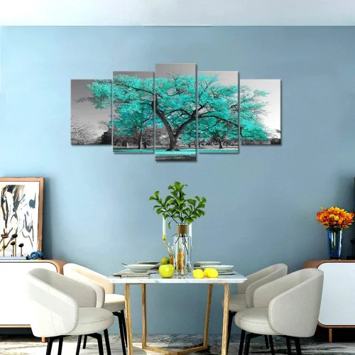 Vista 3 de Visual Art Decor Arte de pared de árbol turquesa, decoración turquesa para sala de estar, pintura de árbol, decoración de pared verde azulado