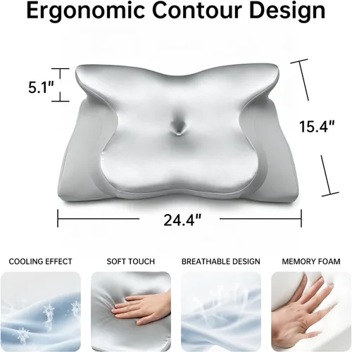 Vista 2 de Almohada cervical para aliviar el dolor de cuello, almohada cervical de espuma viscoelástica con contorno de mariposa para dormir, almohada