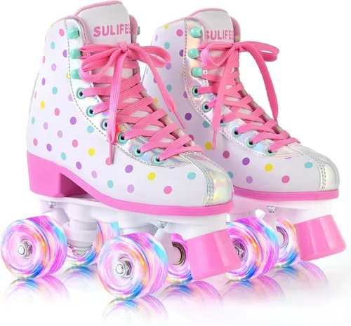Vista 8 de SULIFEEL Patines de ruedas para niñas y mujeres con ruedas iluminadas y patrón de lunares, patines para niños y adultos para uso en interiores y al
