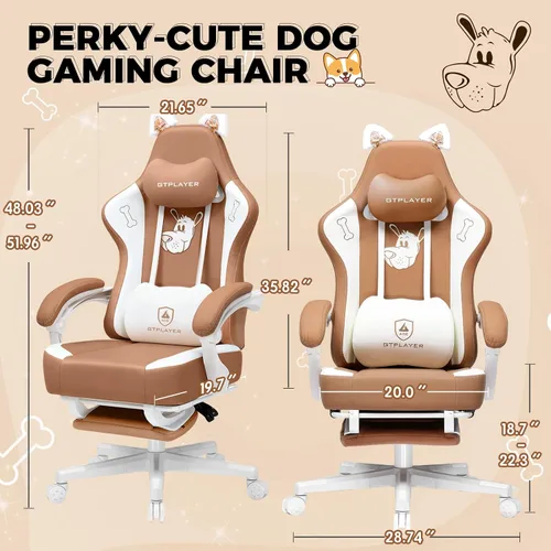 Vista 2 de GTPLAYER Silla de juegos linda con orejas de gato, ergonómica con bordado de perro, soporte lumbar de espuma viscoelástica ajustable