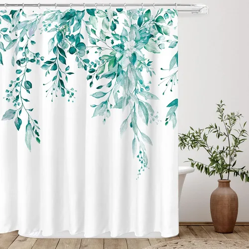 Vista 38 de Tititex - Juego de cortinas de ducha de eucalipto negro, hojas de acuarela gris en la parte superior, con decoración floral de baño, 60 x 72