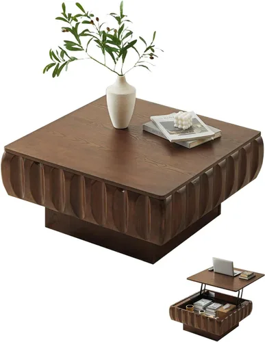 Vista 11 de Mesa de centro de tambor de 31.5 pulgadas, moderna mesa de té acanalada única, mesa de centro redonda de madera contemporánea con mesa central Negro