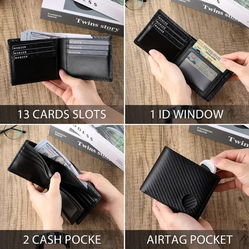 Vista 3 de Swallowmall AirTag Billetera para hombre con bloqueo RFID, de piel auténtica, plegable, para AirTag con 1 ventana de identificación, 13 tarjeteros