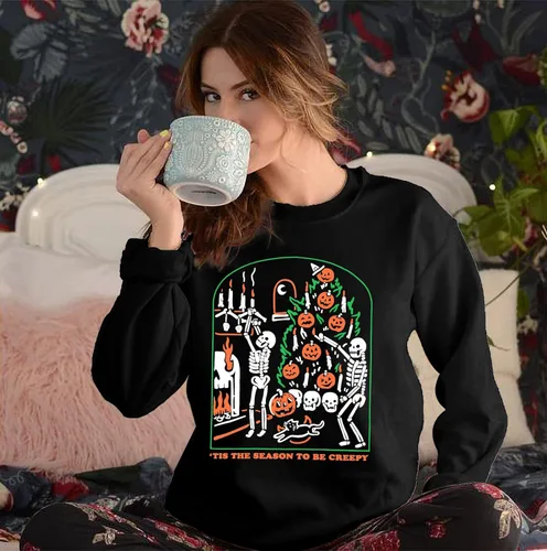 Vista 4 de YI XIANG RAN Sudadera de Halloween para mujer, diseño de esqueletos, estilo vintage, informal, holgada, cuello redondo, sin botones