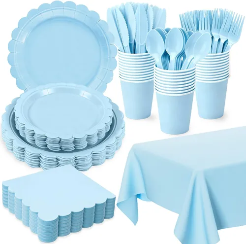 Vista 9 de 176 platos y servilletas color marfil, platos festoneados beige, servilletas, vasos, cubiertos, mantel para baby shower, boda, decoración de fiesta