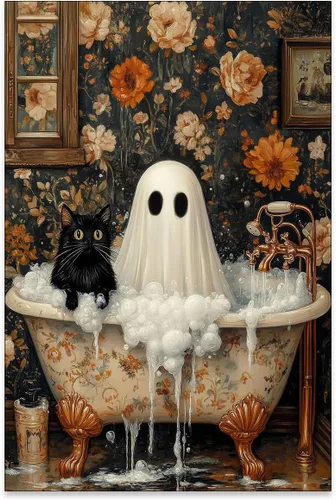 Vista 47 de Lienzo enmarcado negro para pared, póster de Halloween Dark Academia, pintura de gato negro, fantasma en la bañera, imágenes góticas de terror