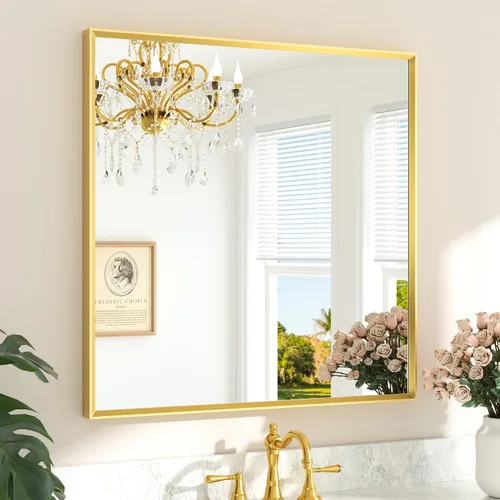 Vista 58 de TETOTE Espejo de baño dorado cepillado de 20" x 30", espejo de tocador de baño rectangular de latón dorado cepillado con marco biselado para sobre