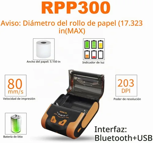 Vista 2 de Impresora POS portátil Rongta de 80 mm, impresora térmica móvil de recibos, conexión USB y Bluetooth, compatible con teléfono Android,