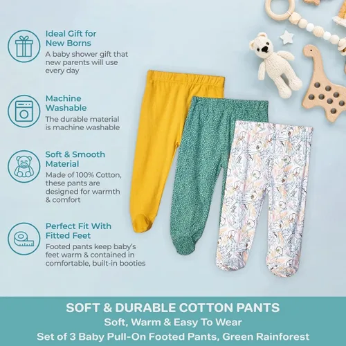 Vista 4 de Spasilk Paquete de 3 pantalones de algodón de poner con pies para bebés niños Selva verde