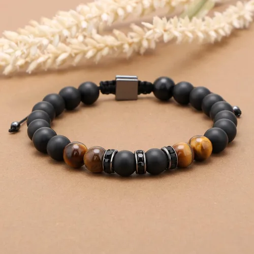 Vista 4 de JoycuFF Pulseras curativas de ojo de tigre para hombres, 0.315 pulgadas, piedra de ágata negra mate para padre, hermano, hijo, novio