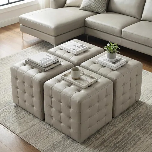 Vista 9 de Cortesi Home Charli - Otomana de cubo copetudo en 100% piel auténtica, gris claro