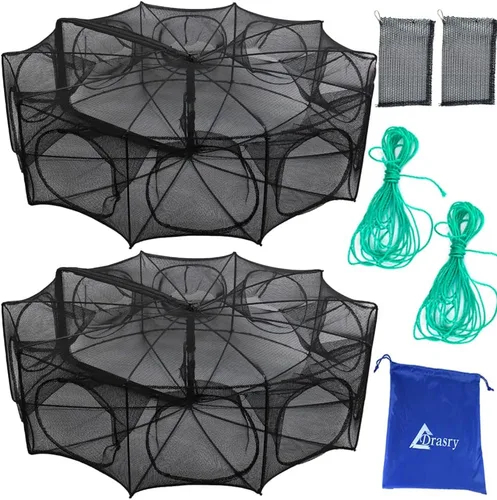 Vista 5 de Drasry Black Fishing Bait Trap Foldable Fish Net for Minnow Crab Crayfish Crawdad Shrimp Trap Cast Net Dip Cage Collapsible Easy Use 4 6 Hole