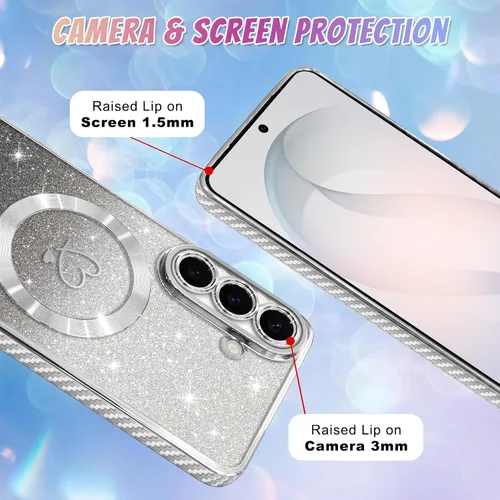 Vista 512 de Bonoma - Funda compatible con Samsung Galaxy S21 Plus, diseño de corazón con purpurina, color rosa Support for MagSafe, Plating Magnetic Case TPU