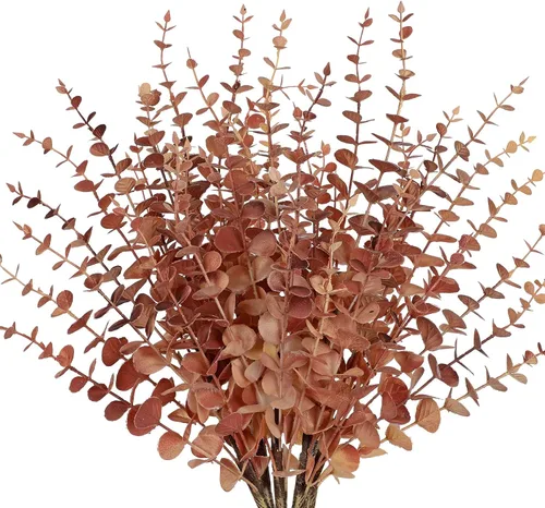 Vista 7 de GnFlus 5 tallos artificiales de eucalipto de otoño, hojas de eucalipto, ramas de hojas de otoño, decoraciones de otoño con hojas de otoño de espuma