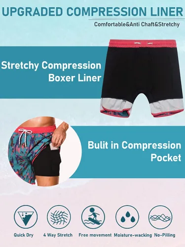 Vista 7 de SILKWORLD Mens Swim Trunks Quick Dry 7" Retro Bathing Suits Swim Shorts 80s 90s Swimsuit with 4 Pockets and Compression Liner