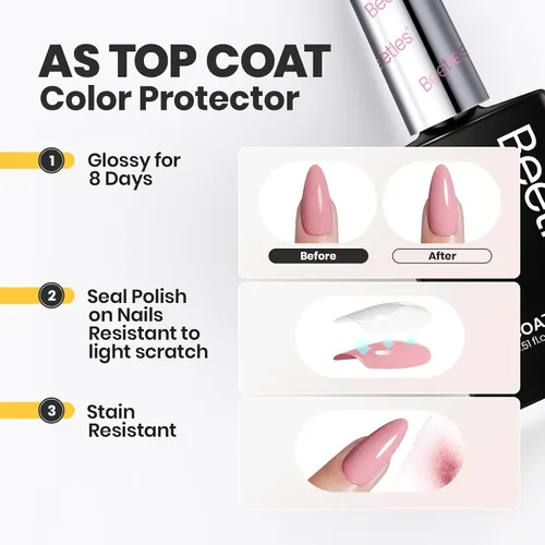 Vista 5 de Beetles - Esmalte de uñas 2 en 1, base y capa superior, esmalte de uñas transparente, de secado rápido, fortalecimiento de uñas natural, efecto