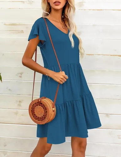 Vista 3 de HOTOUCH Vestido casual escalonado con bolsillos, cuello en V, con volantes, manga casquillo, vestido acampanado