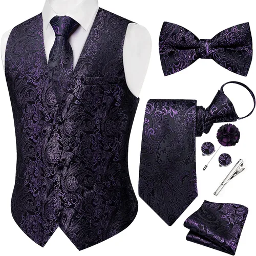 Vista 11 de DiBanGu Conjunto de chaleco de traje de cachemira y corbata preatada para Dorado y Negro