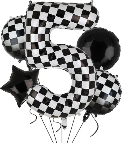 Vista 6 de Globo de números a cuadros de 40 pulgadas 0 globos de cumpleaños de coche de carreras en blanco y negro, globos de cumpleaños para bebé, hippie