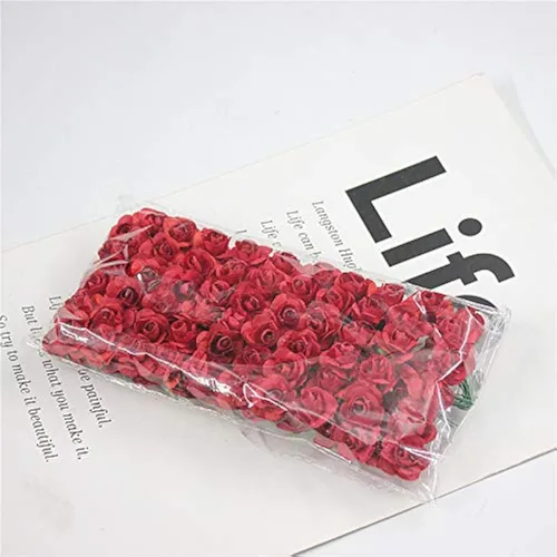 Vista 2 de Mini cabezas de rosas falsas, 144 piezas, mini flores artificiales de papel de morera, rosas hechas a mano, accesorios de flores de boda, accesorios