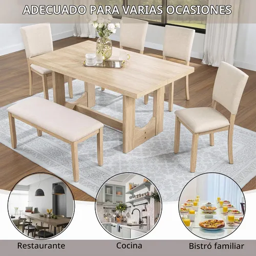 Vista 6 de LUMISOL Juego de mesa de comedor de 6 piezas con banco, juego de mesa de cocina rectangular con base en forma de U, 4 sillas tapizadas y banco
