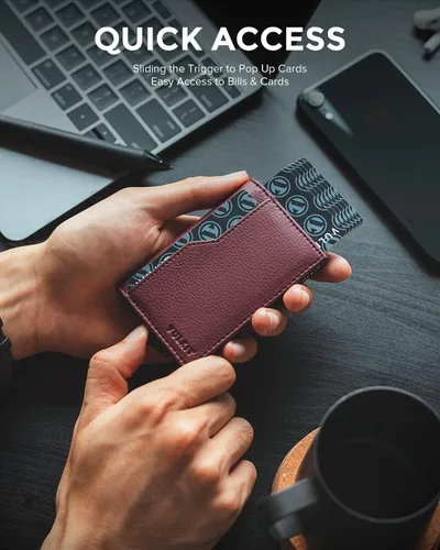 Vista 2 de VULKIT Tarjetero con ventana de identificación, tarjetas emergentes, delgada, de cuero, con protección RFID, hasta 12 tarjetas, funda para tarjetas