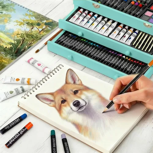 Vista 3 de Juego de arte de lujo de 175 piezas en madera, kit de dibujo y pintura con 2 blocs de dibujo, pinturas acrílicas, lápices de colores, lápices