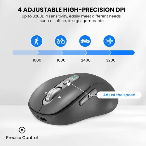 Vista 4 de Ratón Bluetooth inalámbrico, mouse Ergo para computadora multidispositivo, desplazamiento estupendo de metal de 4 vías, ± 3200 DPI, 10 botones, Plug