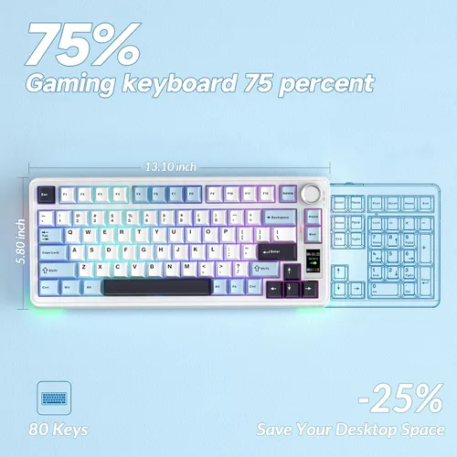 Vista 9 de AULA Teclado mecánico inalámbrico S75 PRO con pantalla y perilla, 75% teclado para juegos intercambiable en caliente con interruptores