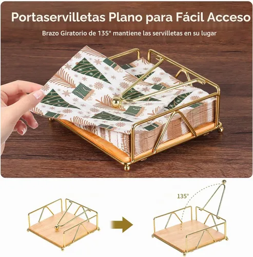 Vista 4 de Servilletero de metal, base de madera moderna, soporte de servilleta dorada para mesa con brazo de peso, para decoración de mesa de cocina, cóctel
