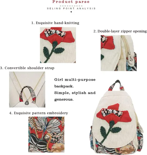 Vista 43 de HUANGGUOSHU Mochila de algodón tejida de algodón bohemio con bordado de lona estilo bohemio con múltiples bolsillos retro linda mochila cartera