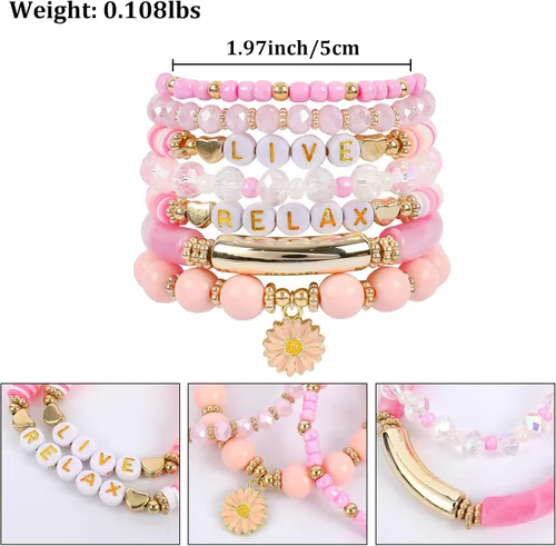Vista 3 de Bohemian Colorful Beaded Bracelets for Women Boho Stackable Natural Stone Letter Clay Glass Beads Stretch Bracelet Set with Charm, Cute Rainbow