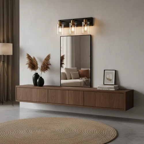 Vista 2 de Luz de tocador negra y dorada de 3 luces para baño y cocina, 22 Negro y Dorado
