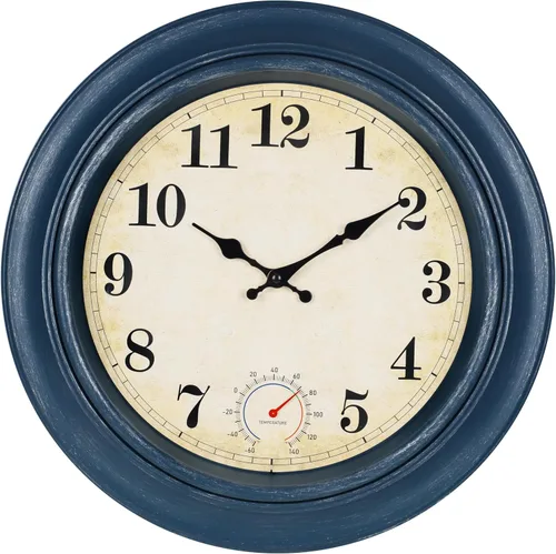 Vista 13 de Relojes para exteriores impermeables con termómetro, reloj de pared costero rústico para patio, piscina, jardín (12 pulgadas, azul)