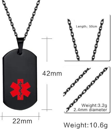 Vista 2 de Collar rojo de alerta médica para hombres y mujeres, acero inoxidable, grabado negro, etiqueta de identificación médica, colgante de emergencia