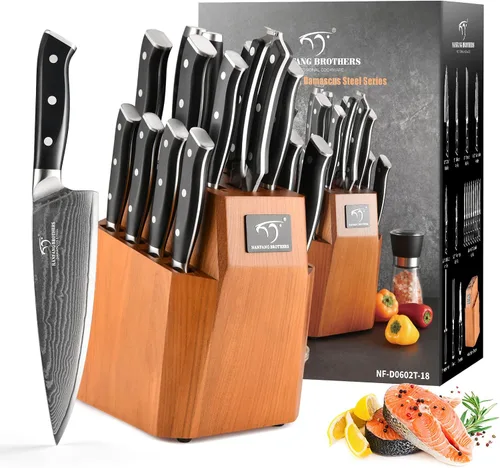Vista 8 de Juego de cuchillos de cocina, juego de cuchillos de cocina de Damasco de 18 piezas con bloque, mango ergonómico de ABS para juego de cuchillos