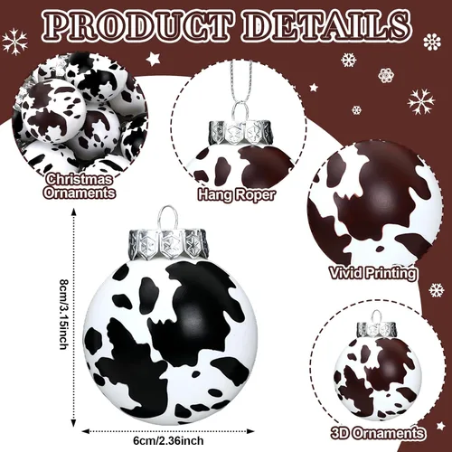 Vista 4 de JULMELON 24 piezas Adornos de esferas de Navidad con impresión de cuero de vaca, adornos de vaca occidentales, esferas colgantes inastillables