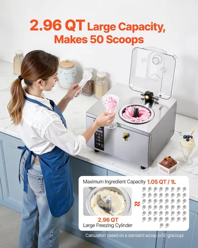 Vista 3 de VEVOR Máquina comercial de helado duro, 500 W, 1.32 galones/hora, heladera de gelato duro con cilindro de acero inoxidable 304 de 2.8 L, panel LED