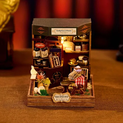 Vista 2 de Kit de rincón de libros, kit de casa en miniatura con LED, rompecabezas de madera 3D para adultos, kit de construcción de casa de muñecas, kit