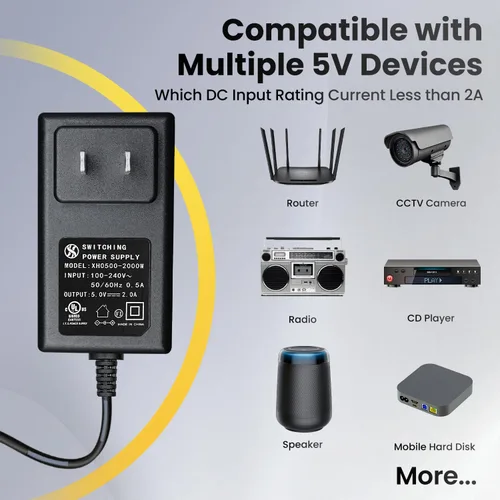 Vista 5 de Adaptador de fuente de alimentación de 6 pies UL 5V 2A 10W AC DC 2000mA 1A 1000mA 1.5A 1500mA Cable universal para Raspberry Pi, luz LED, marco