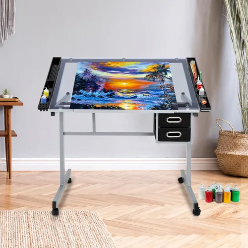 Vista 9 de LEMY Mesa de dibujo ajustable inclinable, escritorio de dibujo para artistas con cajones de almacenamiento y ruedas deslizantes, estación