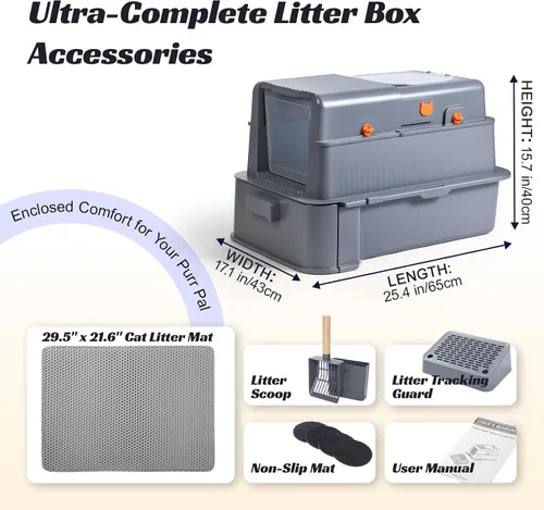 Vista 8 de Caja de arena cerrada de acero inoxidable para gatos con tapa y alfombra, caja de arena extra grande para gatos con cajón, caja de metal para gatos