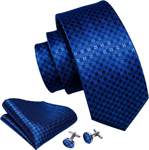 Vista 109 de Barry.Wang Juego de corbatas a cuadros para hombre con pañuelo gemelos de rayas clásicas
